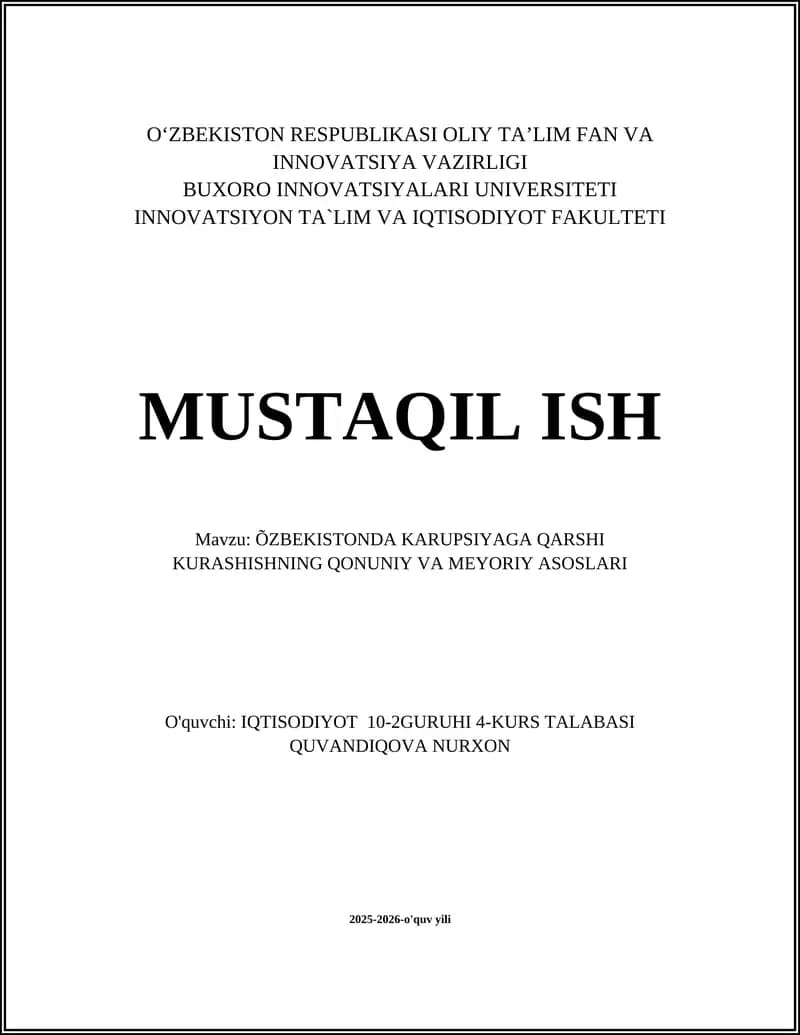ÕZBEKISTONDA KARUPSIYAGA QARSHI KURASHISHNING QONUNIY VA MEYORIY ASOSLARI
