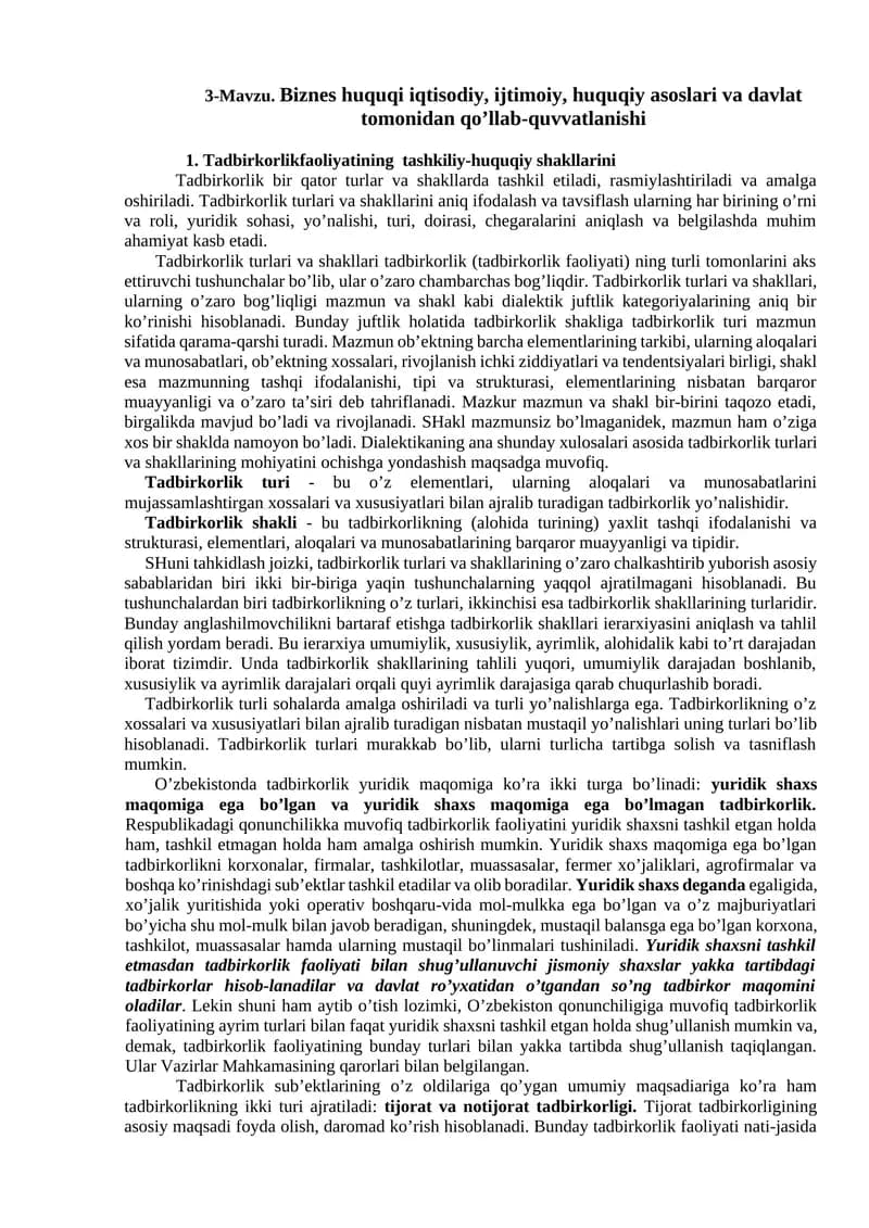 Tadbirkorlikfaoliyatining tashkiliy-huquqiy shakllarini