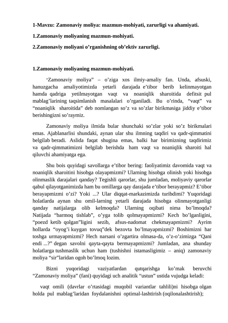 Zamonaviy moliya: mazmun-mohiyati, zarurligi va ahamiyati