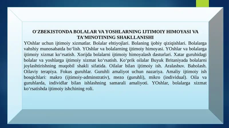 O'ZBEKISTONDA BOLALAR VA YOSHLARNING IJTIMOIY HIMOYASI VA TA'MINOTINING SHAKLLANISHI