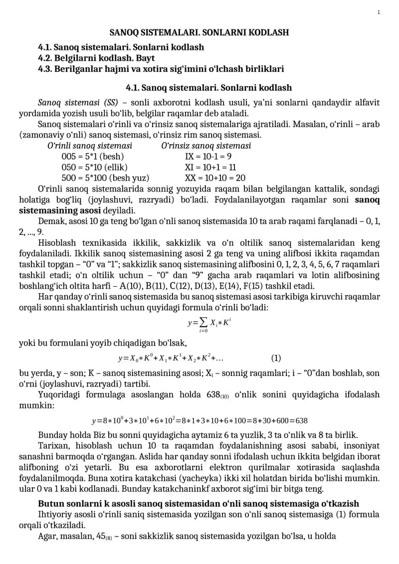 Sanoq sistemalari. Sonlarni kodlash
