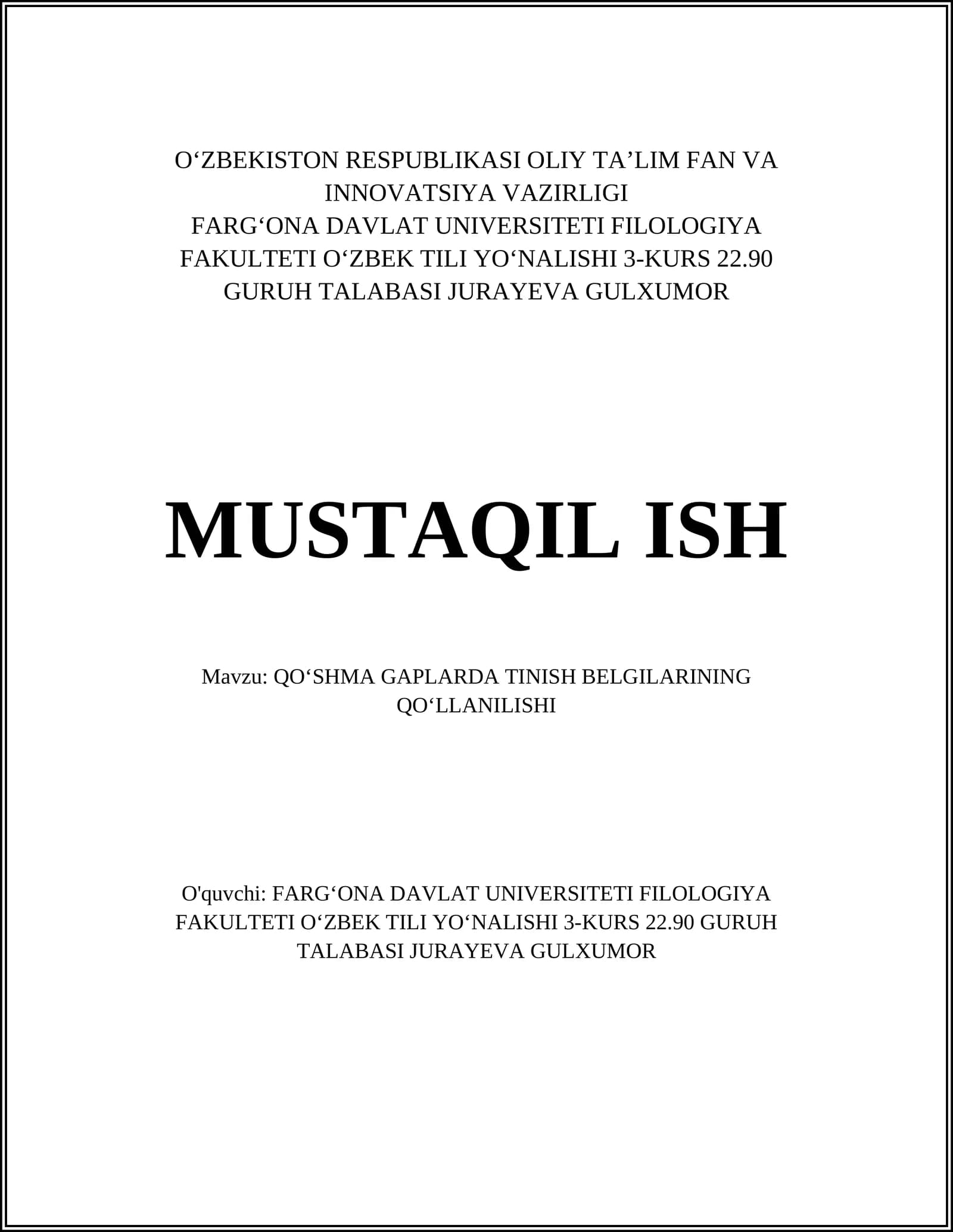 QO‘SHMA GAPLARDA TINISH BELGILARINING QO‘LLANILISHI