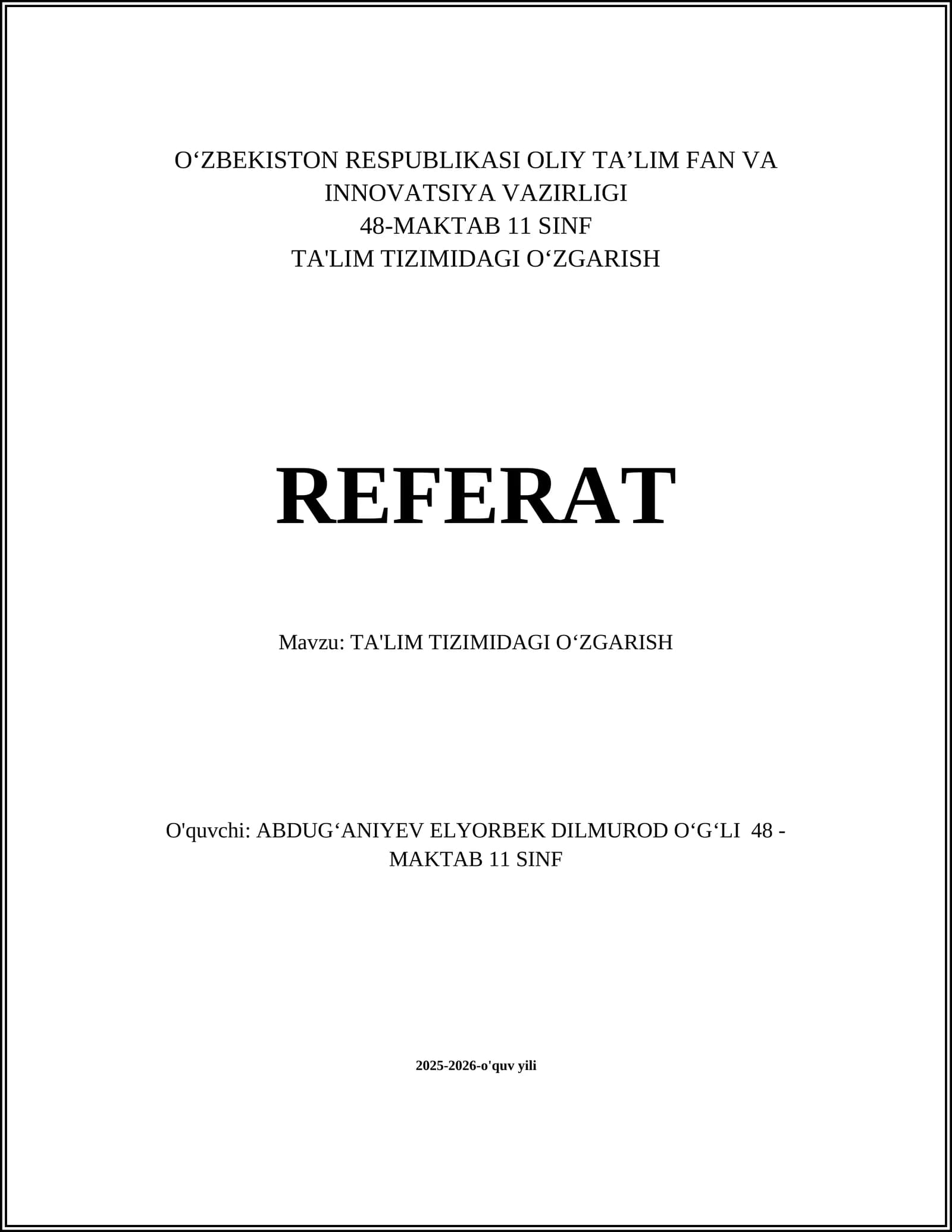 TA'LIM TIZIMIDAGI OʻZGARISH