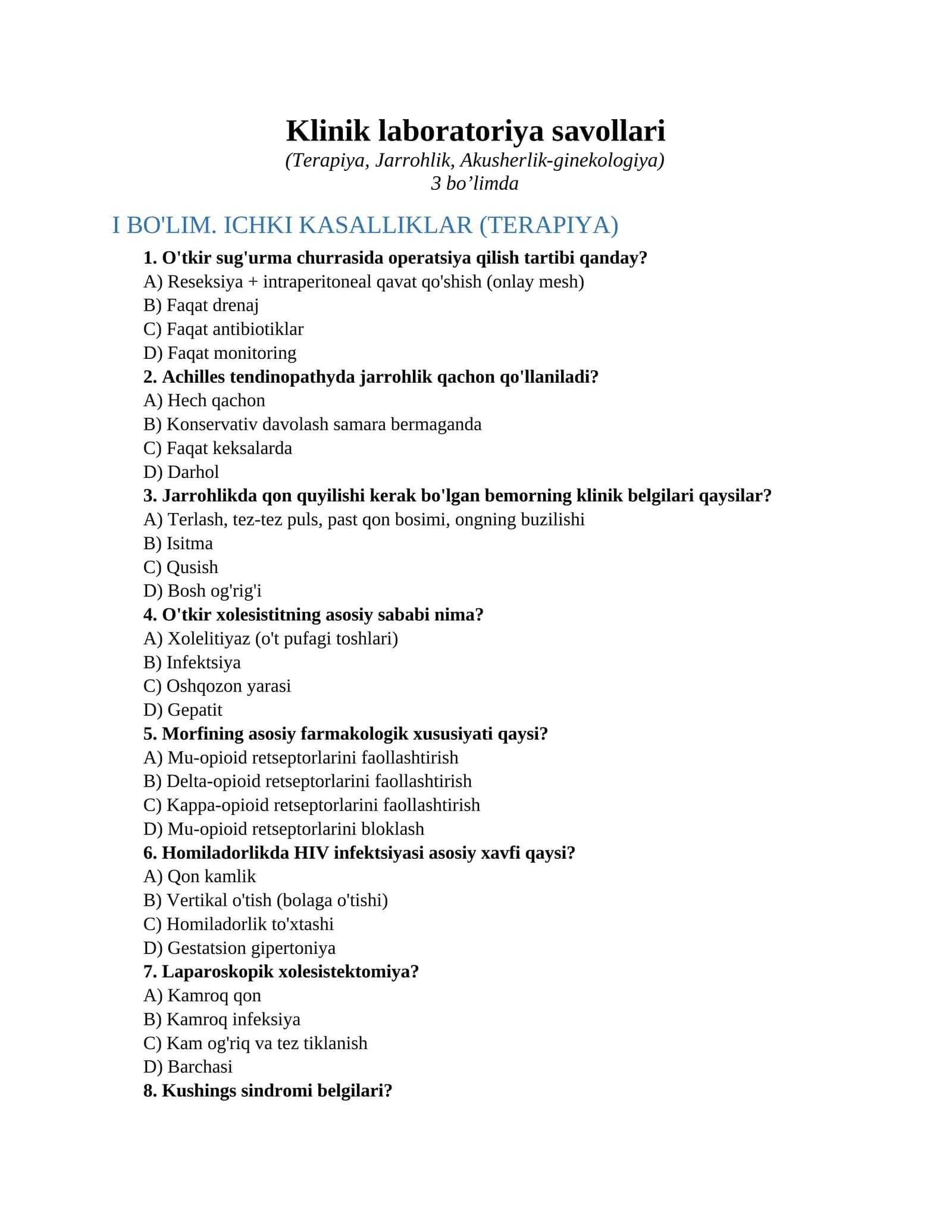 Klinik laboratoriya savollari (Terapiya, Jarrohlik, Akusherlik-ginekologiya)