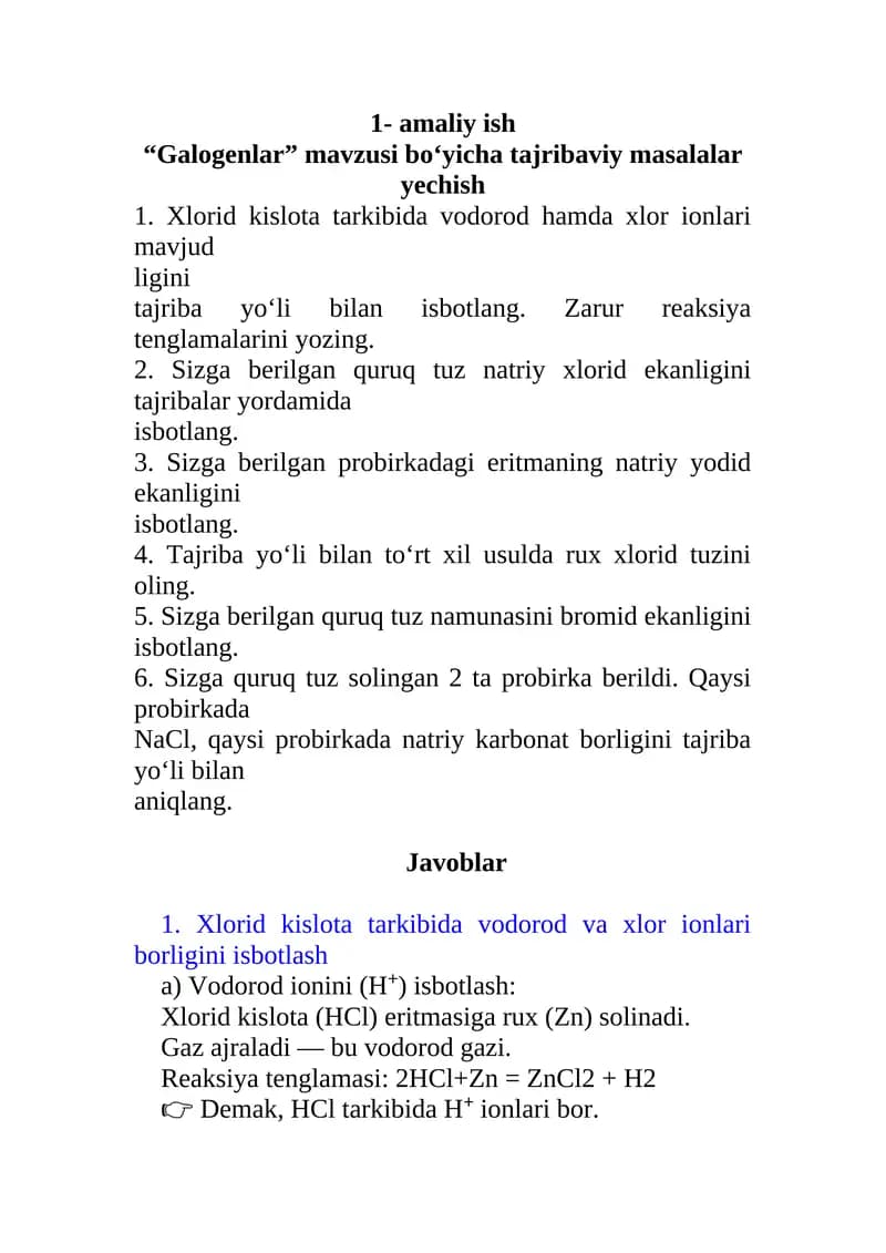 Galogenlar mavzusi bo‘yicha tajribaviy masalalar yechish