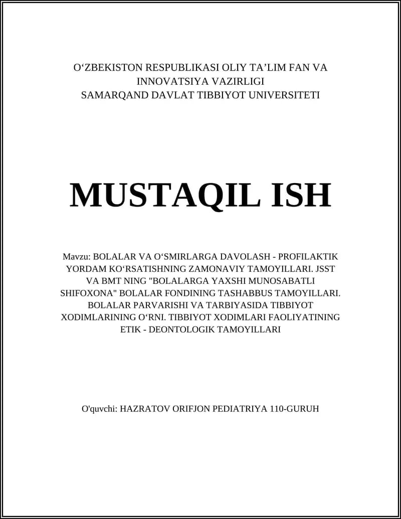BOLALAR VA OʻSMIRLARGA DAVOLASH - PROFILAKTIK YORDAM KOʻRSATISHNING ZAMONAVIY TAMOYILLARI