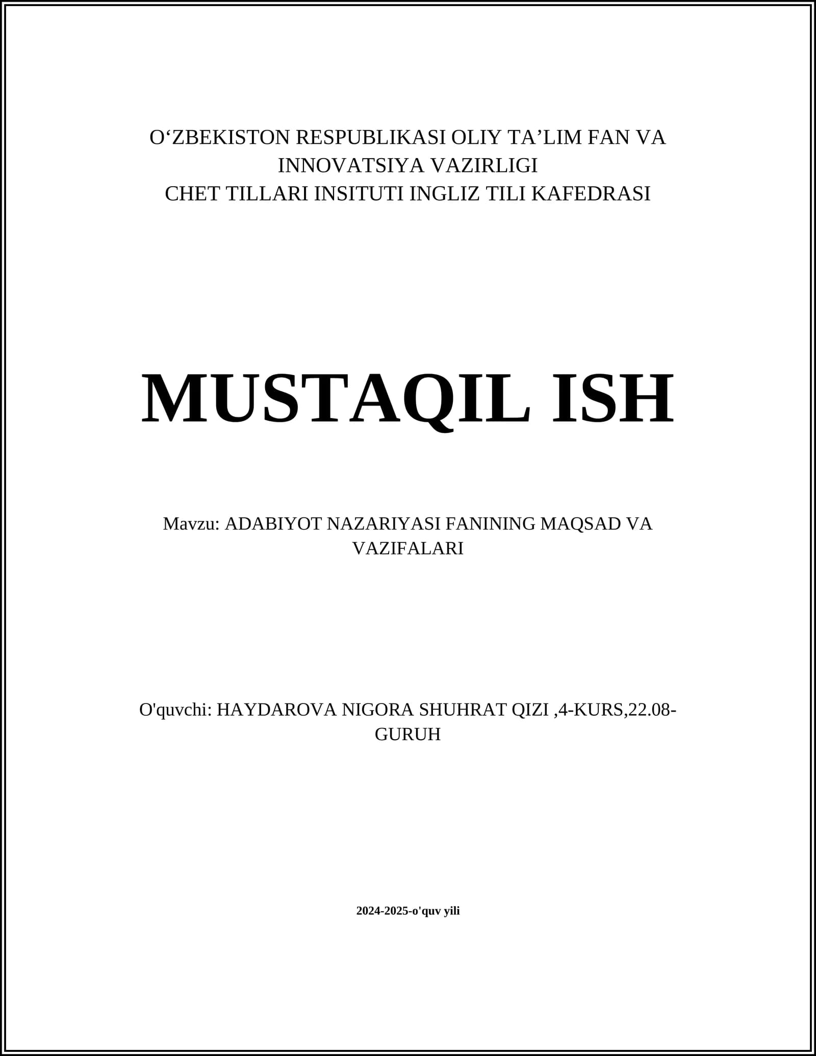 ADABIYOT NAZARIYASI FANINING MAQSAD VA VAZIFALARI