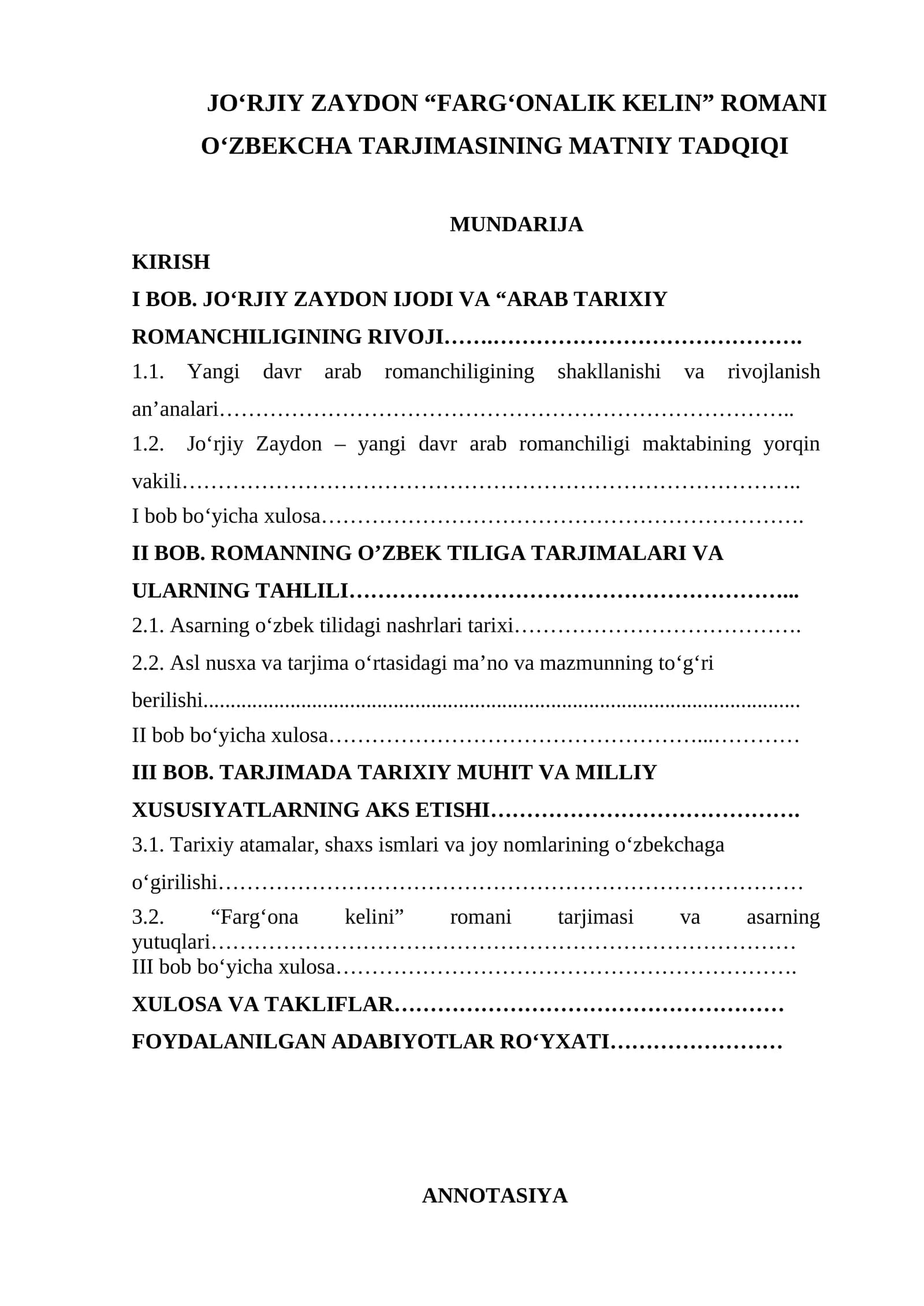 DISSERTATSIYA Jo'rjiy Zaydon “Farg'onalik kelin” romani o'zbekcha tarjimasining matniy tadqiqi