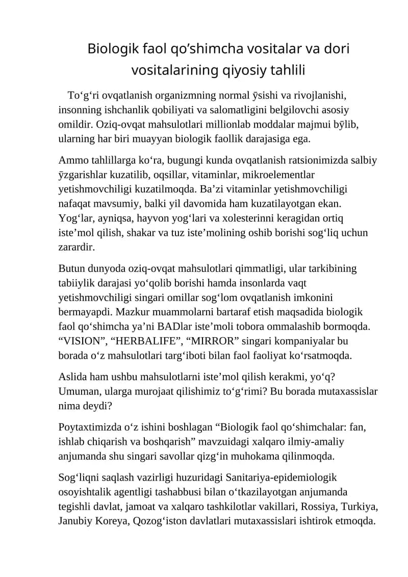 Biologik faol qo‘shimcha vositalar va dori vositalarining qiyosiy tahlili