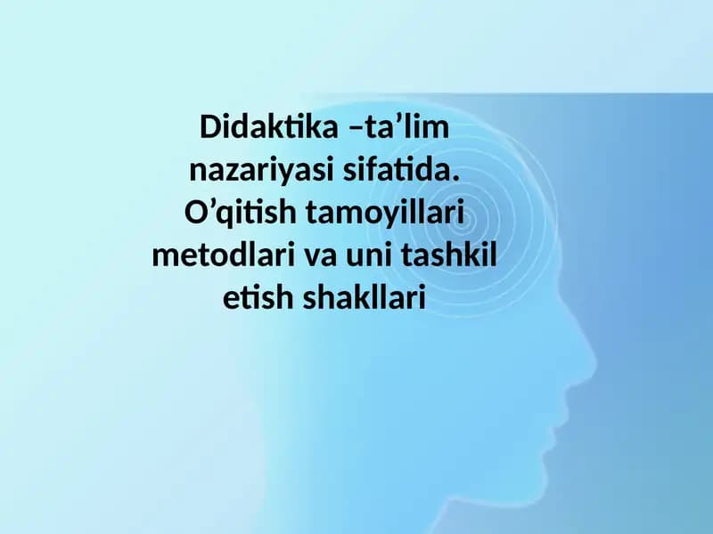 Didaktika –ta’lim nazariyasi sifatida. O’qitish tamoyillari metodlari va uni tashkil etish shakllari