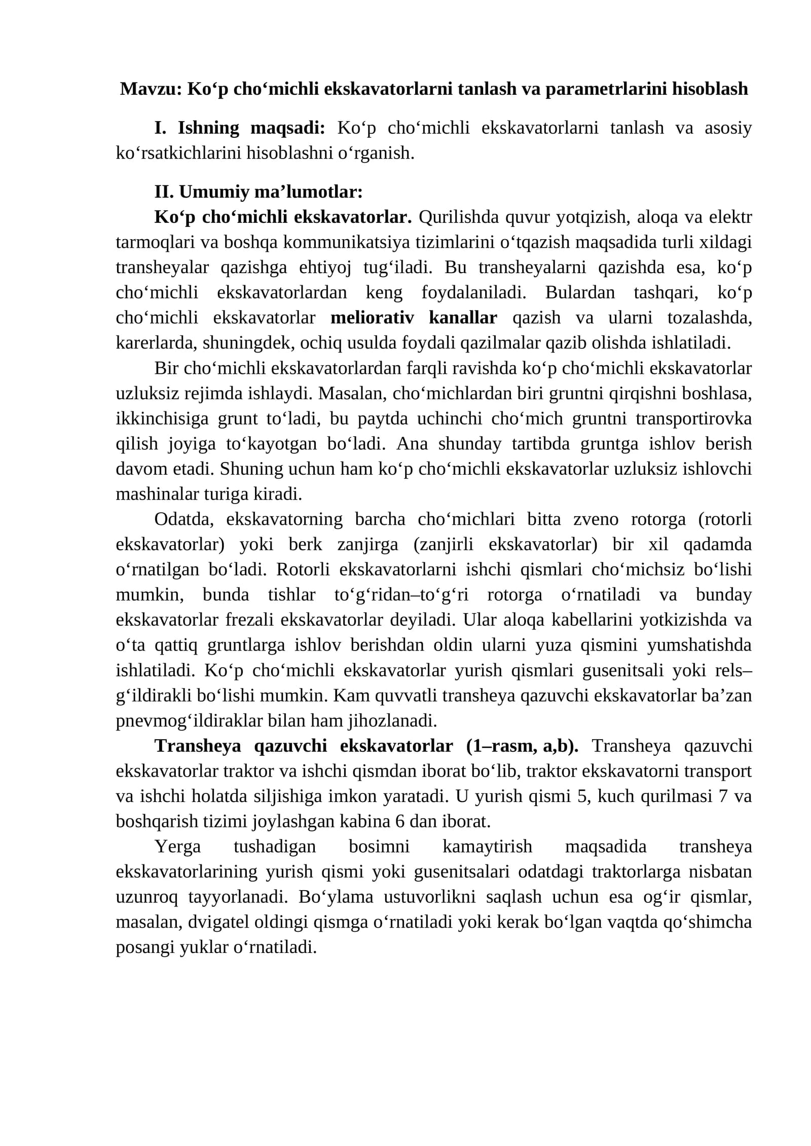 Ko‘p cho‘michli ekskavatorlarni tanlash va parametrlarini hisoblash