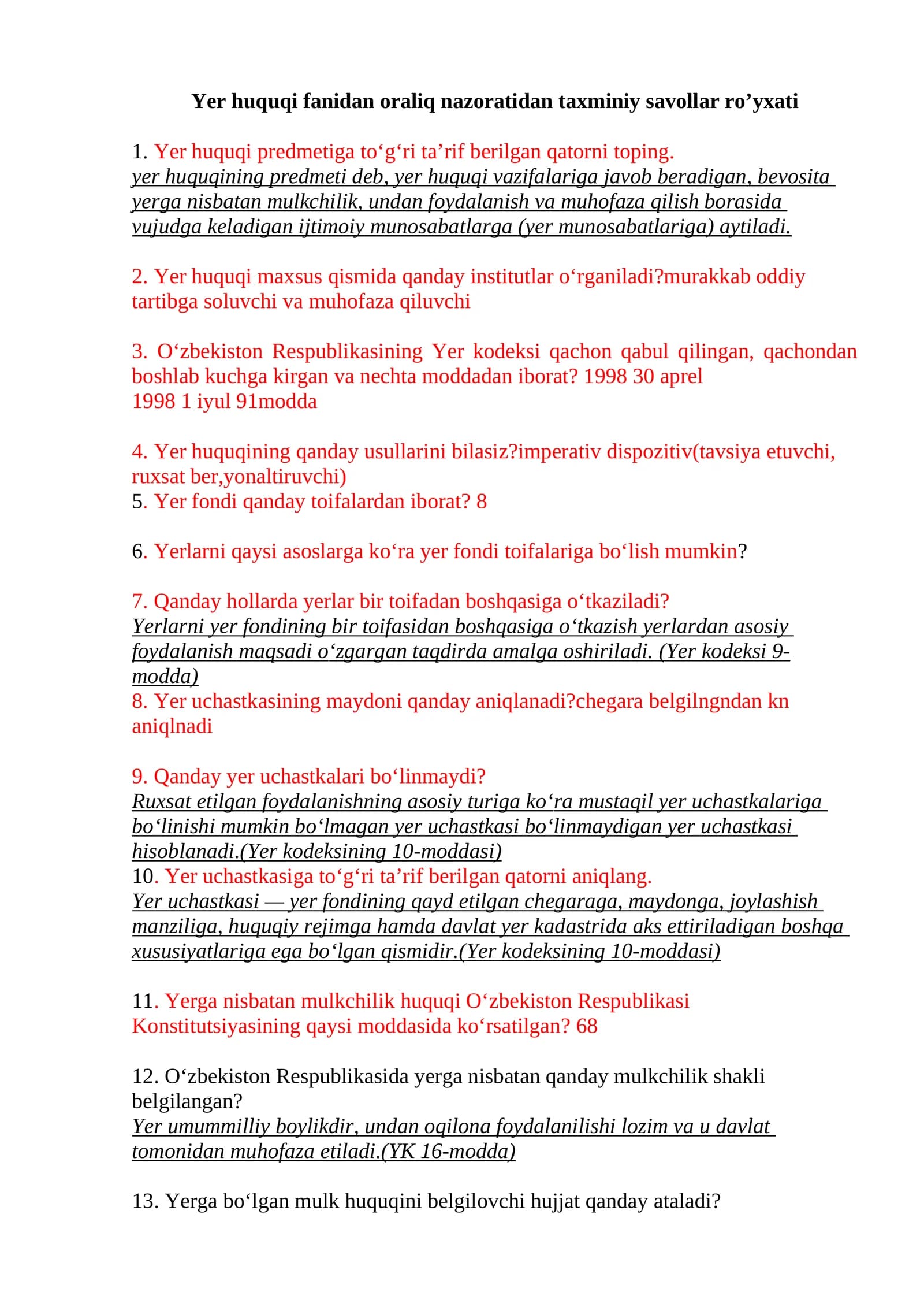 Yer huquqi fanidan oraliq nazoratidan taxminiy savollar ro’yxati
