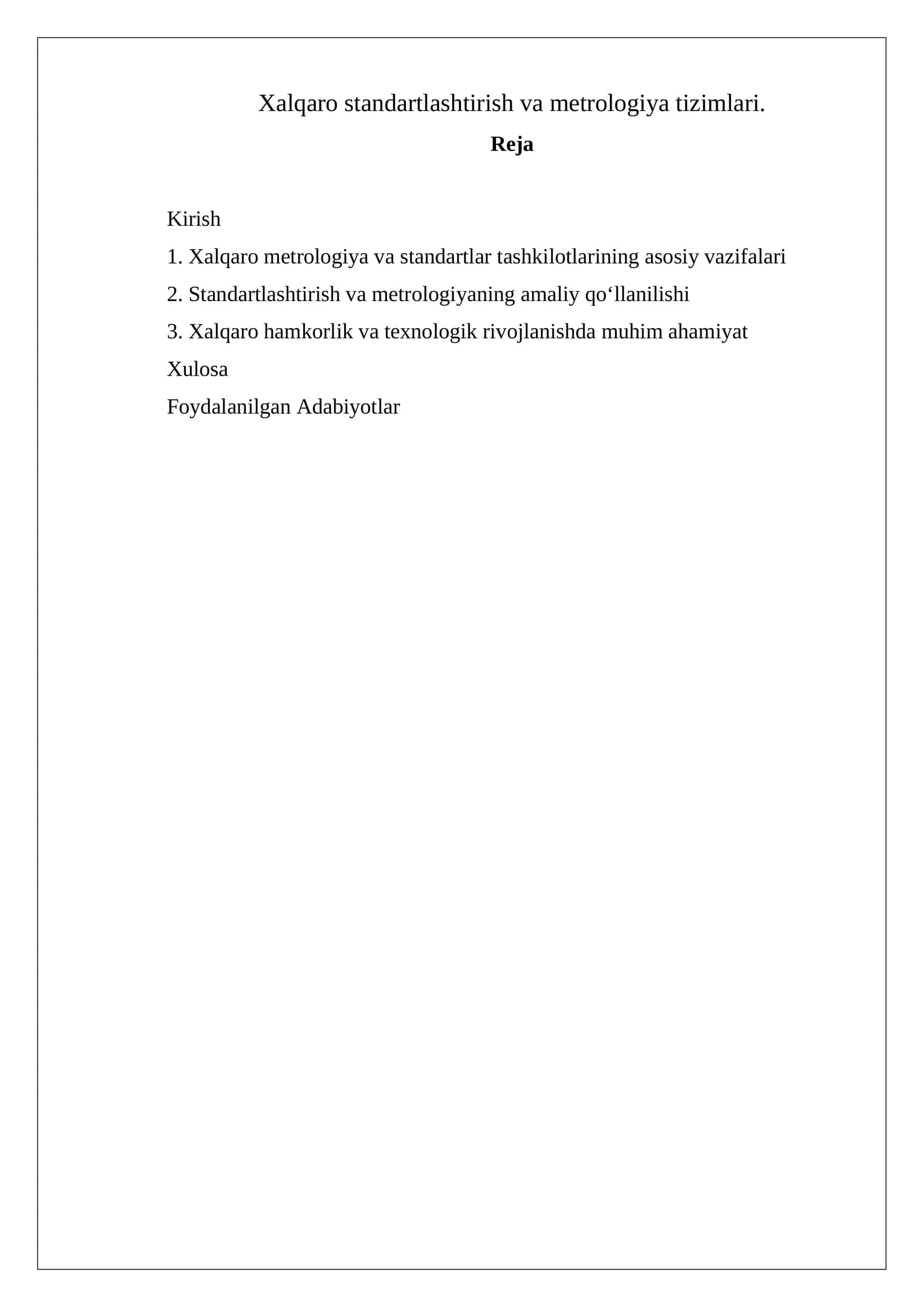 Xalqaro standartlashtirish va metrologiya tizimlari