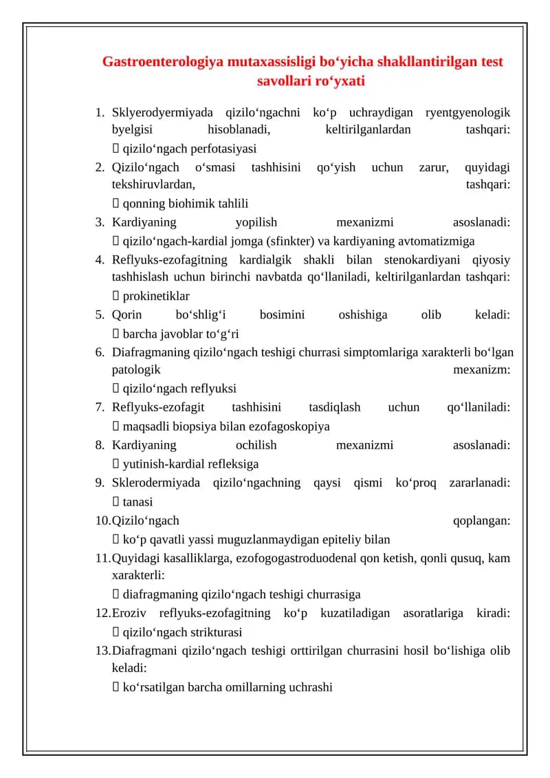 Gastroenterologiya mutaxassisligi boʻyicha shakllantirilgan test savollari roʻyxati