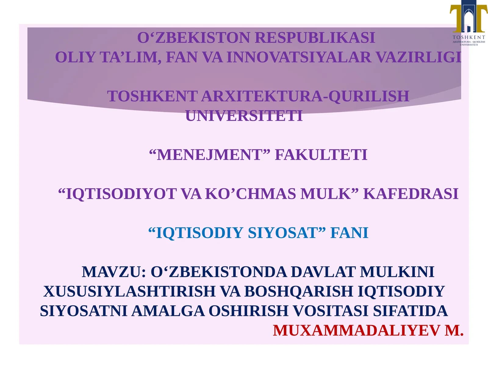 O‘zbekistonda davlat mulkini xususiylashtirish va boshqarish iqtisodiy siyosatni amalga oshirish vositasi sifatida