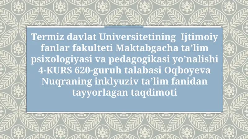 TA’LIM RIVOJLANTIRISH JARAYONIDA BOLALARGA INDIVIDUAL YONDASHISHI TEXNOLOGIYASINI AMALGA OSHIRISH UCHUN PSIXOLOGIK –PEDAGOGIK SHAROITLAR