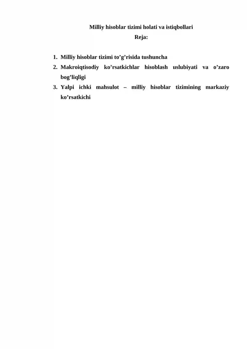 Milliy hisoblar tizimi holati va istiqbollari