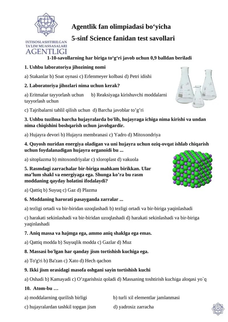 5-sinf Science fanidan test savollari