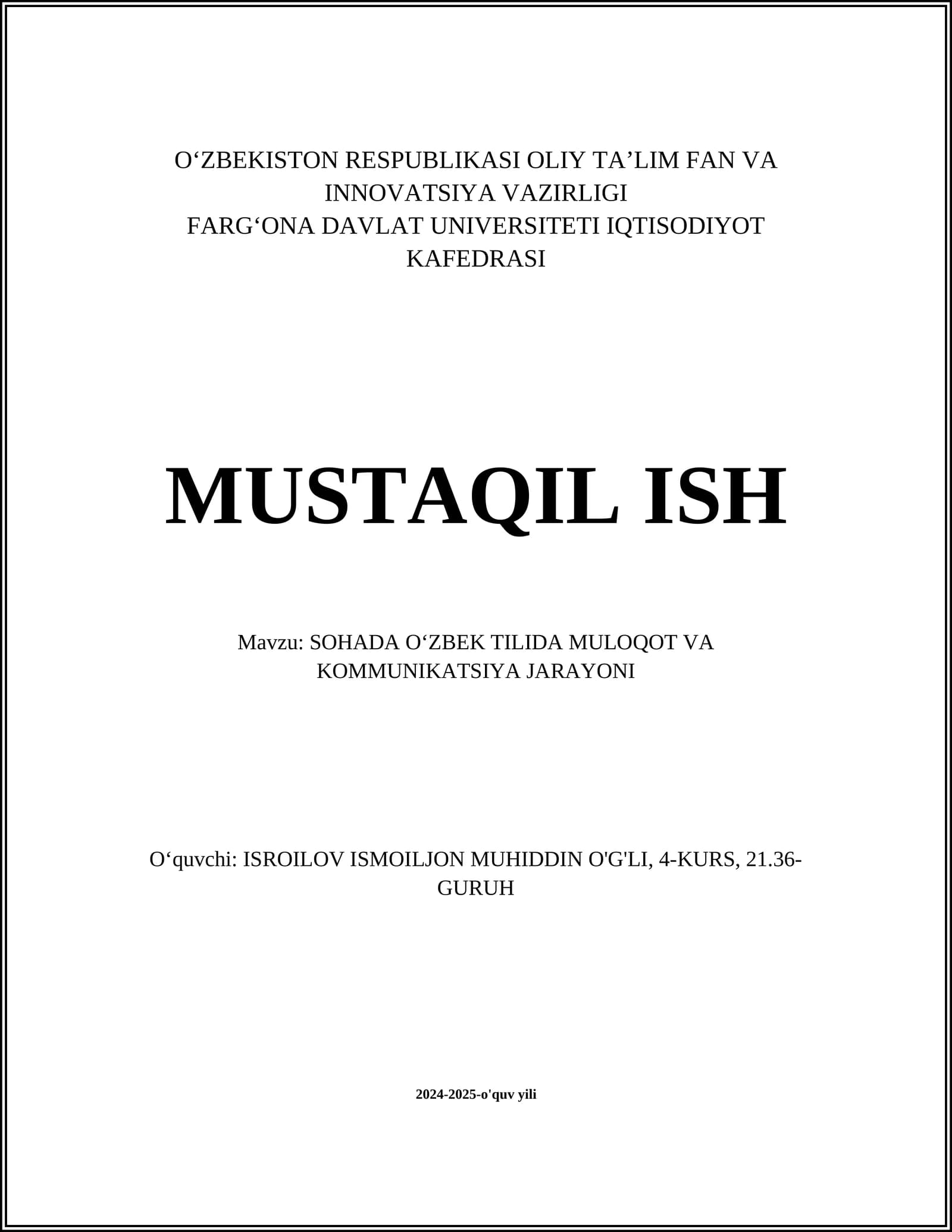 SOHADA O‘ZBEK TILIDA MULOQOT VA KOMMUNIKATSIYA JARAYONI