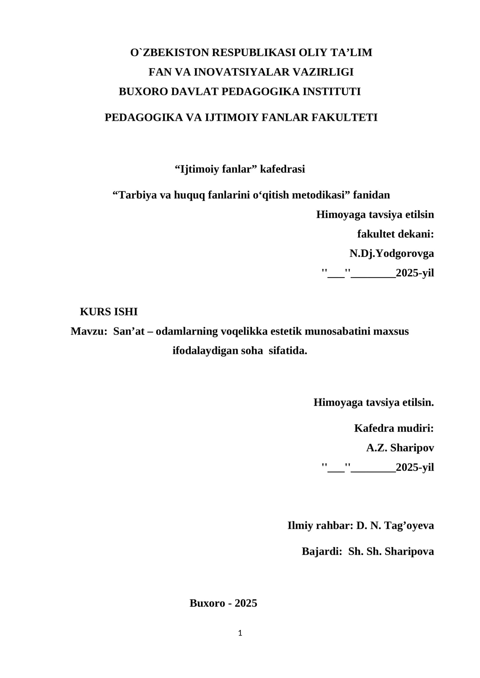 San’at – odamlarning voqelikka estetik munosabatini maxsus ifodalaydigan soha  sifatida.