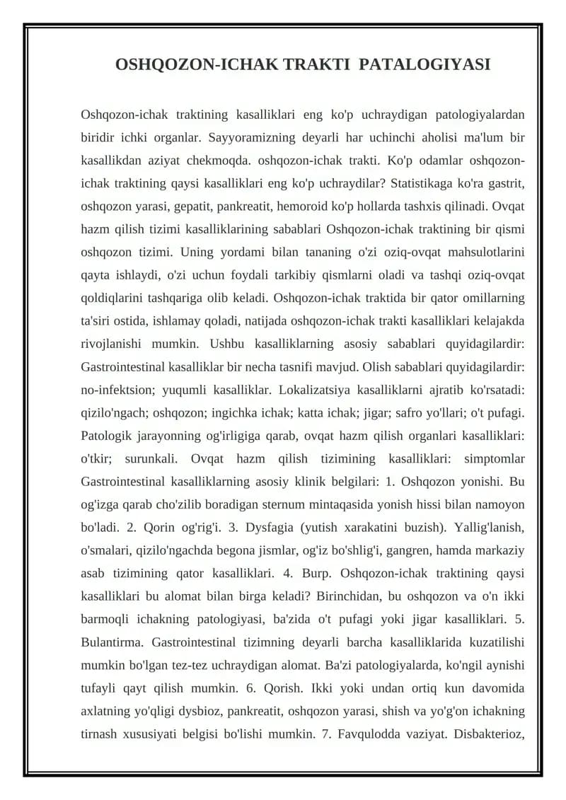 OSHQOZON-ICHAK TRAKTI PATALOGIYASI