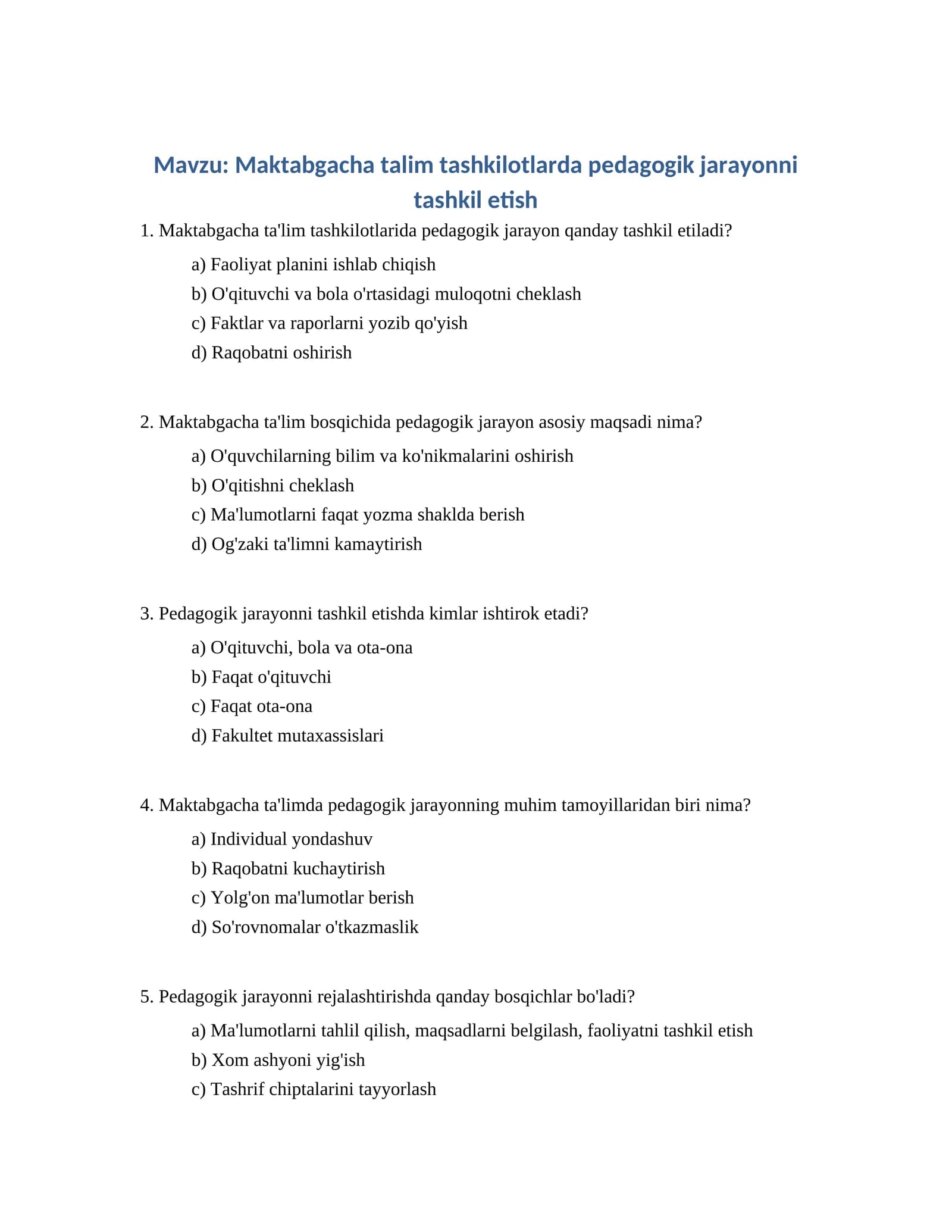 Maktabgacha talim tashkilotlarda pedagogik jarayonni tashkil etish