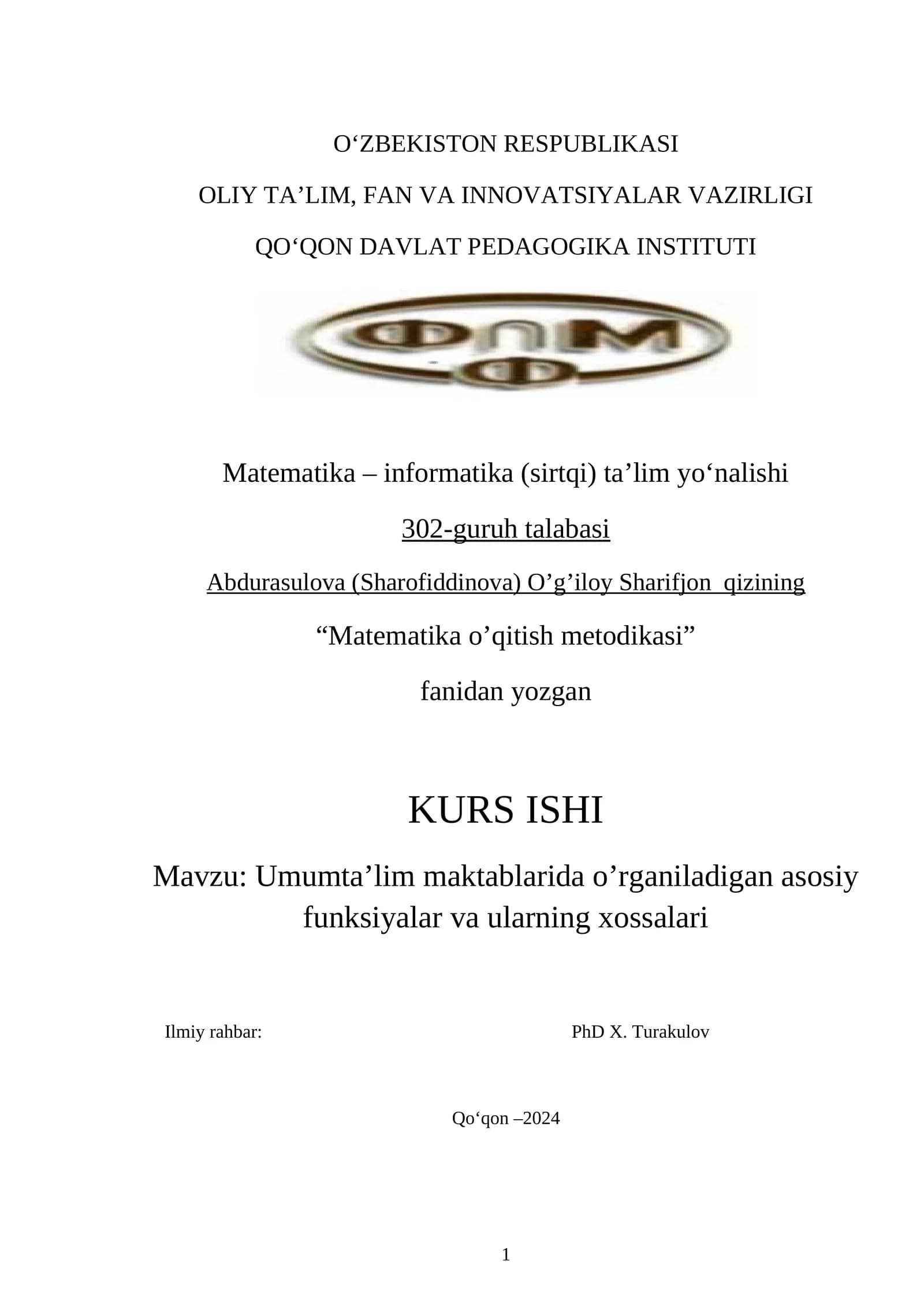 Umum ta’lim maktablarida o’rganiladigan asosiy funksiyalar va ularning xossalari