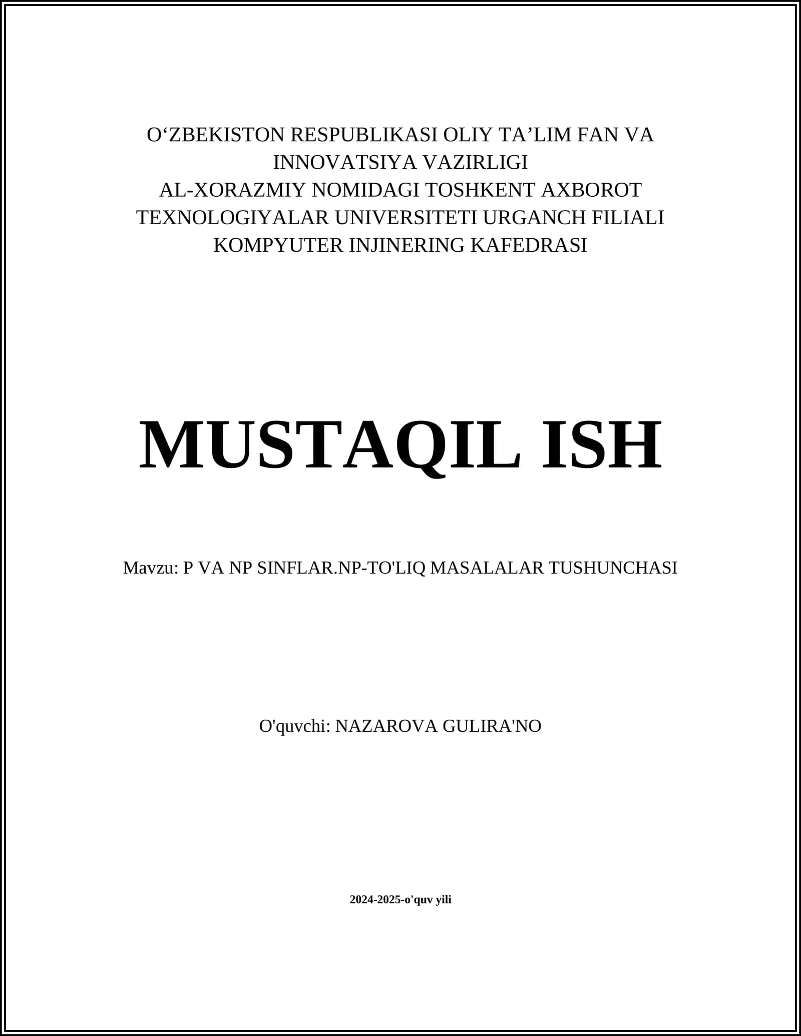 P VA NP SINFLAR.NP-TO'LIQ MASALALAR TUSHUNCHASI