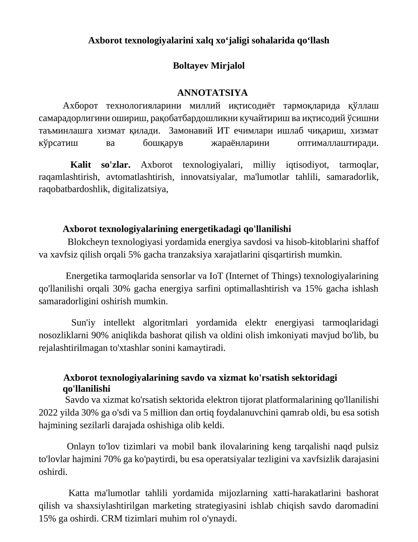 Axborot texnologiyalarini xalq xo‘jaligi sohalarida qo‘llash