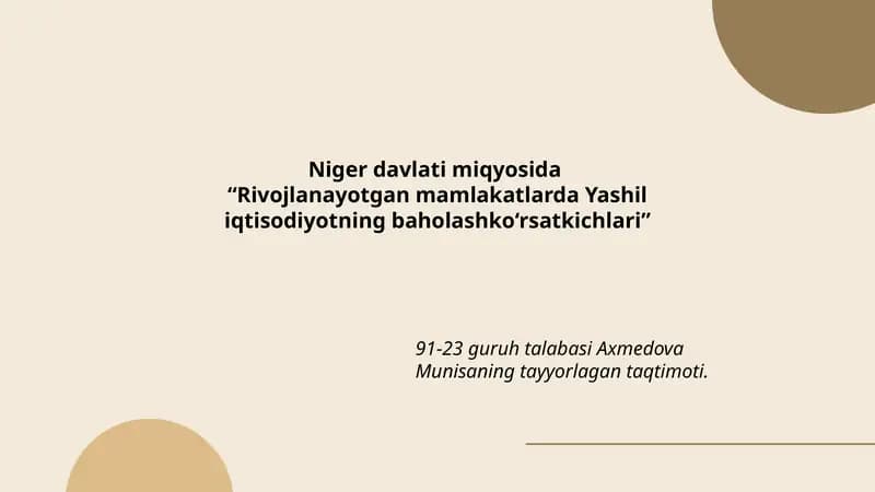 “Rivojlanayotgan mamlakatlarda Yashil iqtisodiyotning baholash ko‘rsatkichlari”