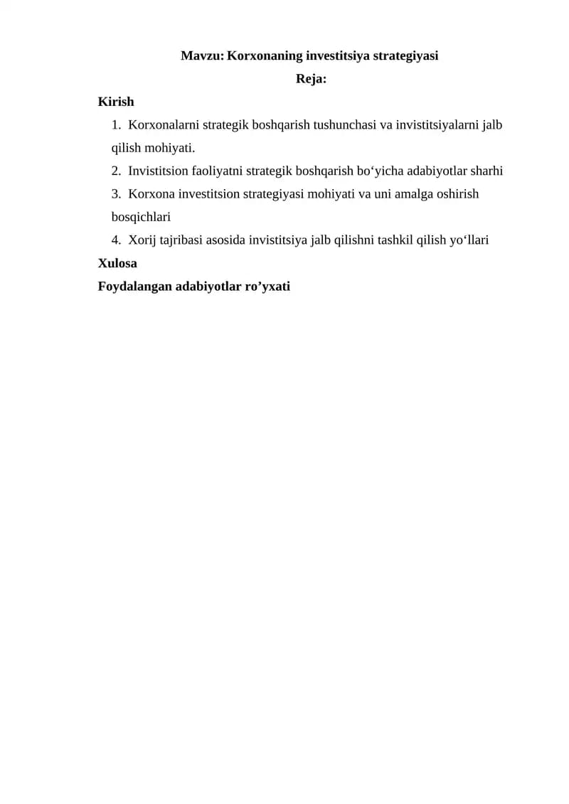 Korxonaning investitsiya strategiyasi