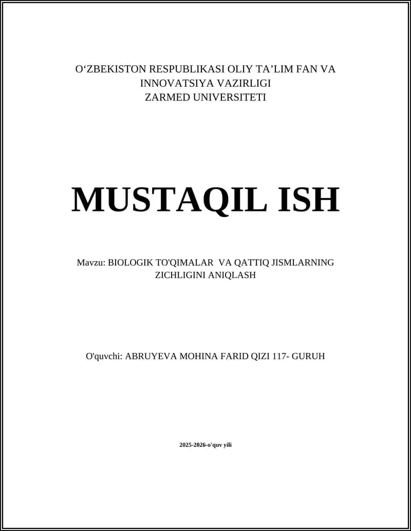 BIOLOGIK TO'QIMALAR VA QATTIQ JISMLARNING ZICHLIGINI ANIQLASH