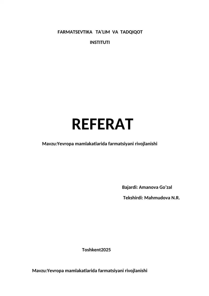 Yevropa mamlakatlarida farmatsiyani rivojlanishi
