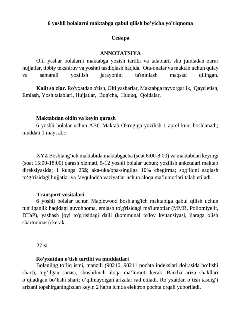 6 yoshli bolalarni maktabga qabul qilish bo’yicha yo’riqnoma