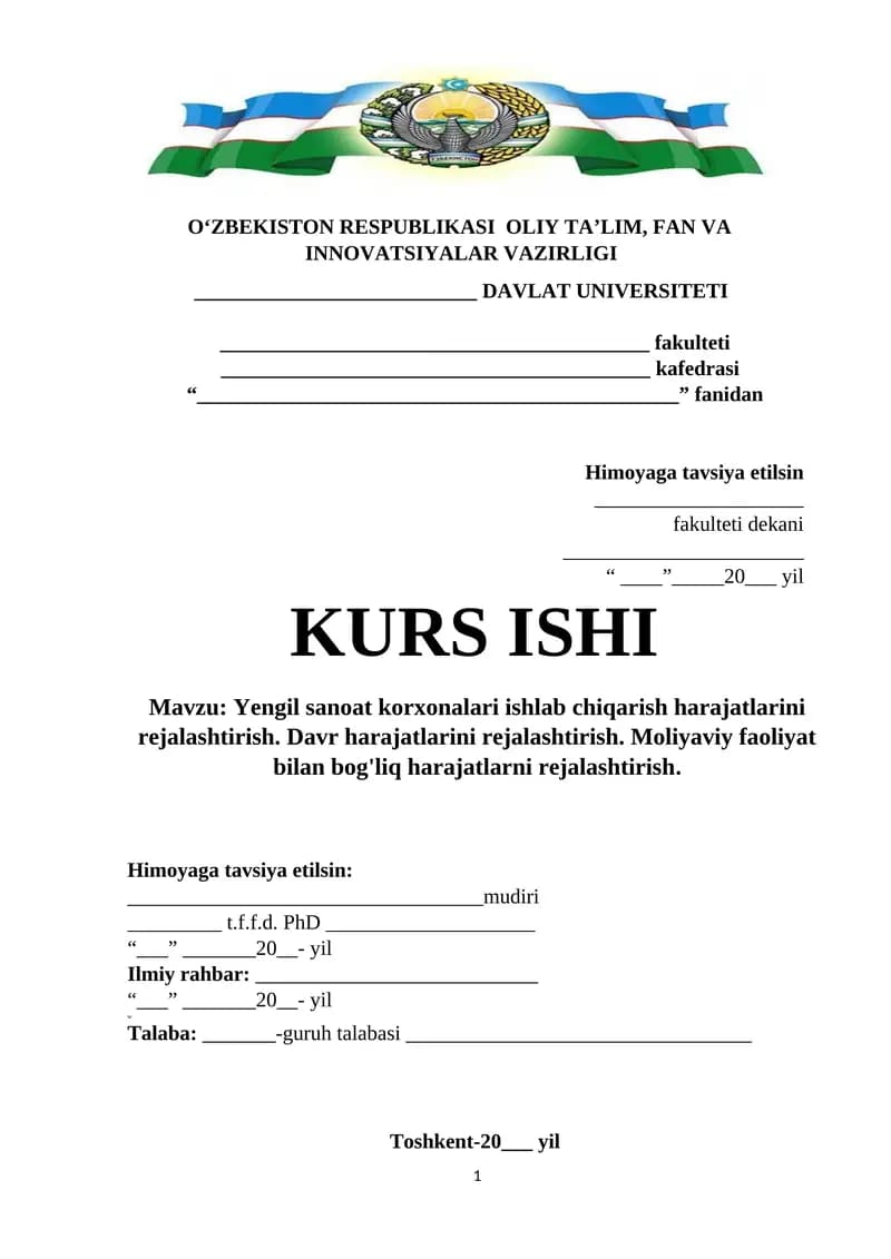 Yengil sanoat korxonalari ishlab chiqarish harajatlarini rejalashtirish. Davr harajatlarini rejalashtirish. Moliyaviy faoliyat bilan bog'liq harajatlarni rejalashtirish