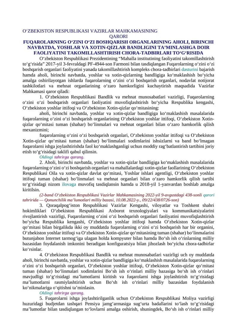 FUQAROLARNING O‘ZINI O‘ZI BOSHQARISH ORGANLARINING AHOLI, BIRINCHI NAVBATDA, YOSHLAR VA XOTIN-QIZLAR BANDLIGINI TA’MINLASHGA DOIR FAOLIYATINI TAKOMILLASHTIRISH CHORA-TADBIRLARI TO‘G‘RISIDA