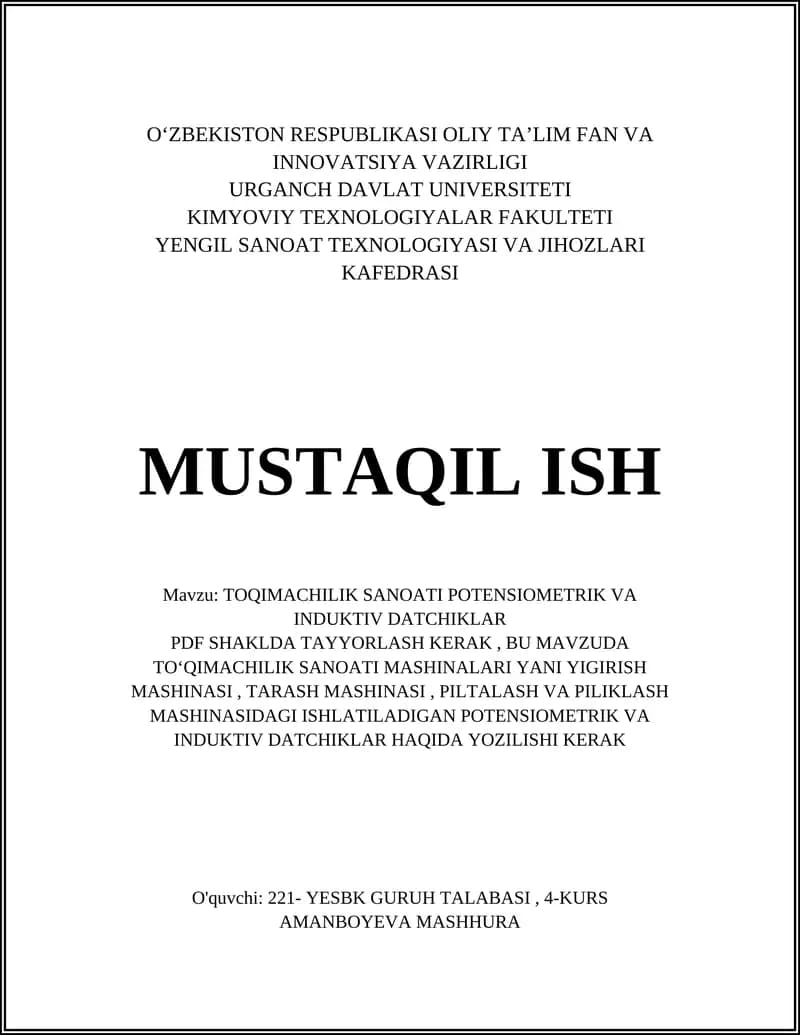 TOQIMACHILIK SANOATI POTENSIOMETRIK VA INDUKTIV DATCHIKLAR