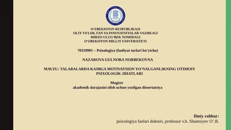 ТАLABALARDA KASBGA MOTIVATSION YO’NALGANLIKNING IJTIMOIY PSIXOLOGIK JIHATLARI