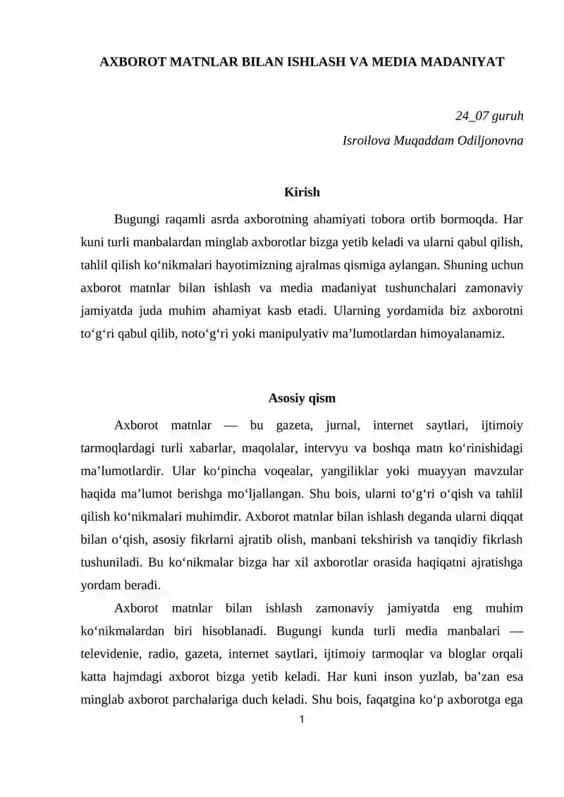 Axborot Matnlar Bilan Ishlash va Media Madaniyat