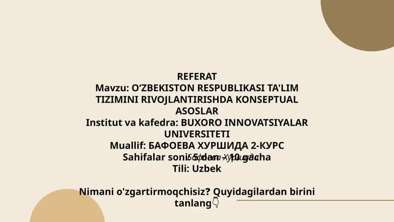 OʻZBEKISTON RESPUBLIKASI TA'LIM TIZIMINI RIVOJLANTIRISHDA KONSEPTUAL ASOSLAR