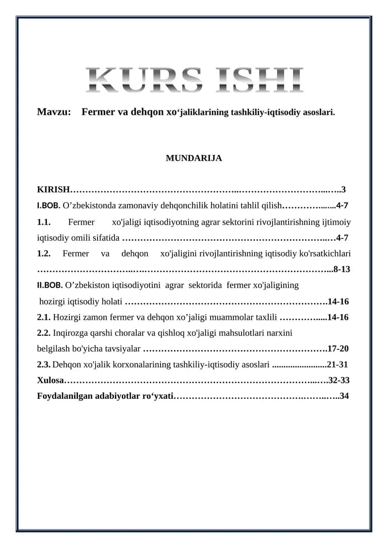 Fermer va dehqon xo'jaliklarining tashkiliy-iqtisodiy asoslari