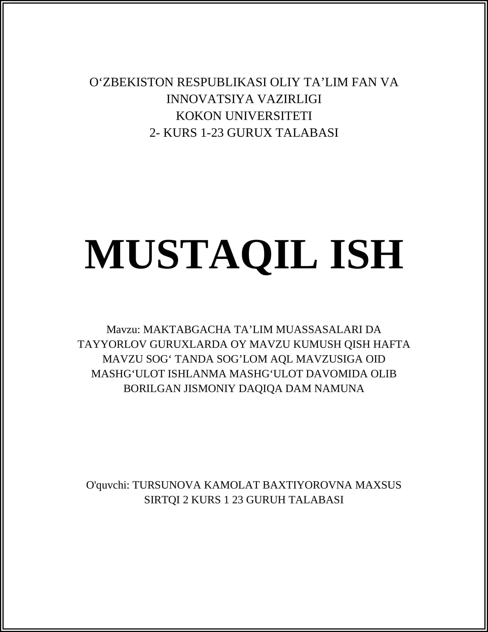 MAKTABGACHA TAʼLIM MUASSASALARI DA TAYYORLOV GURUXLARDA OY