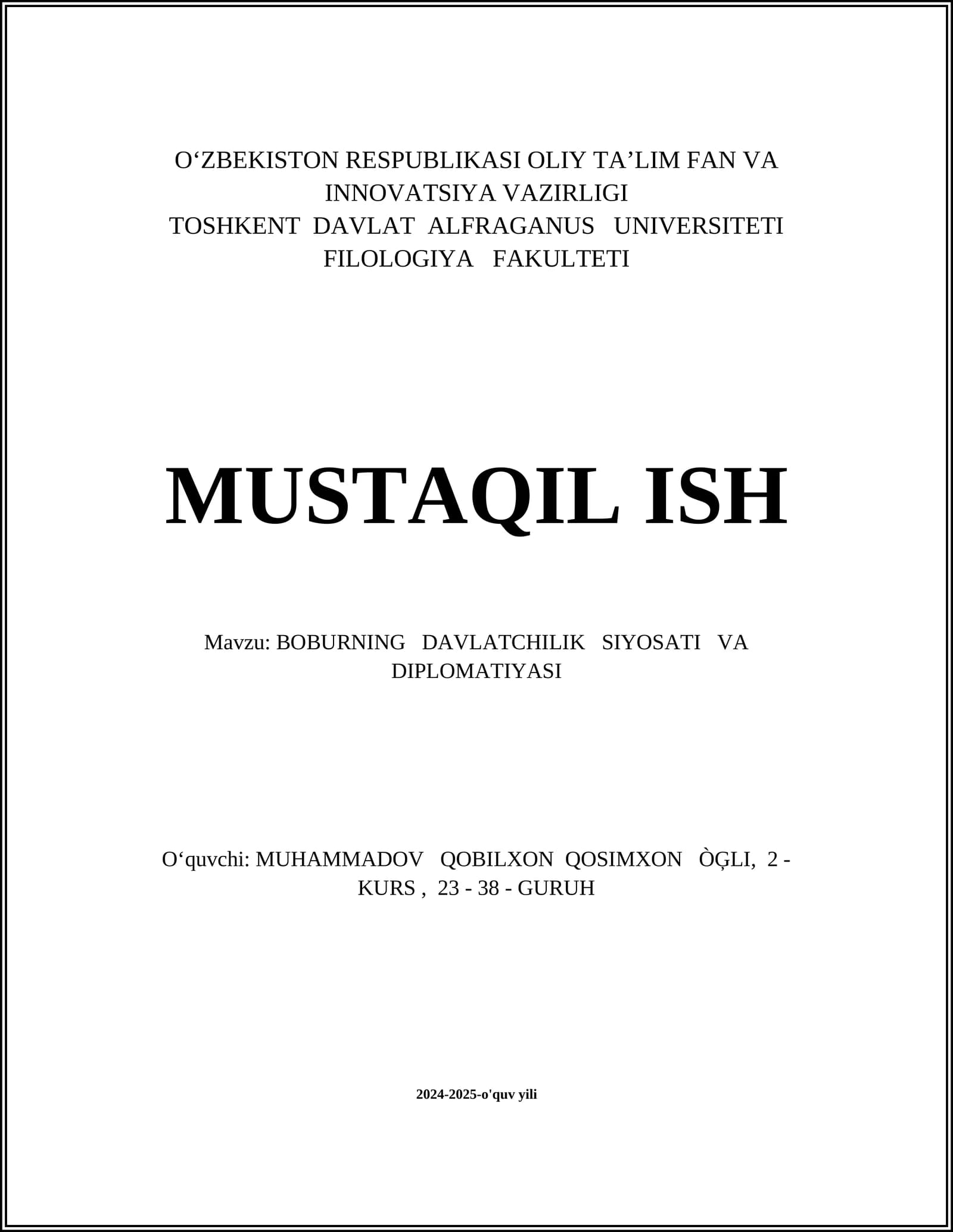 BOBURNING DAVLATCHILIK SIYOSATI VA DIPLOMATIYASI