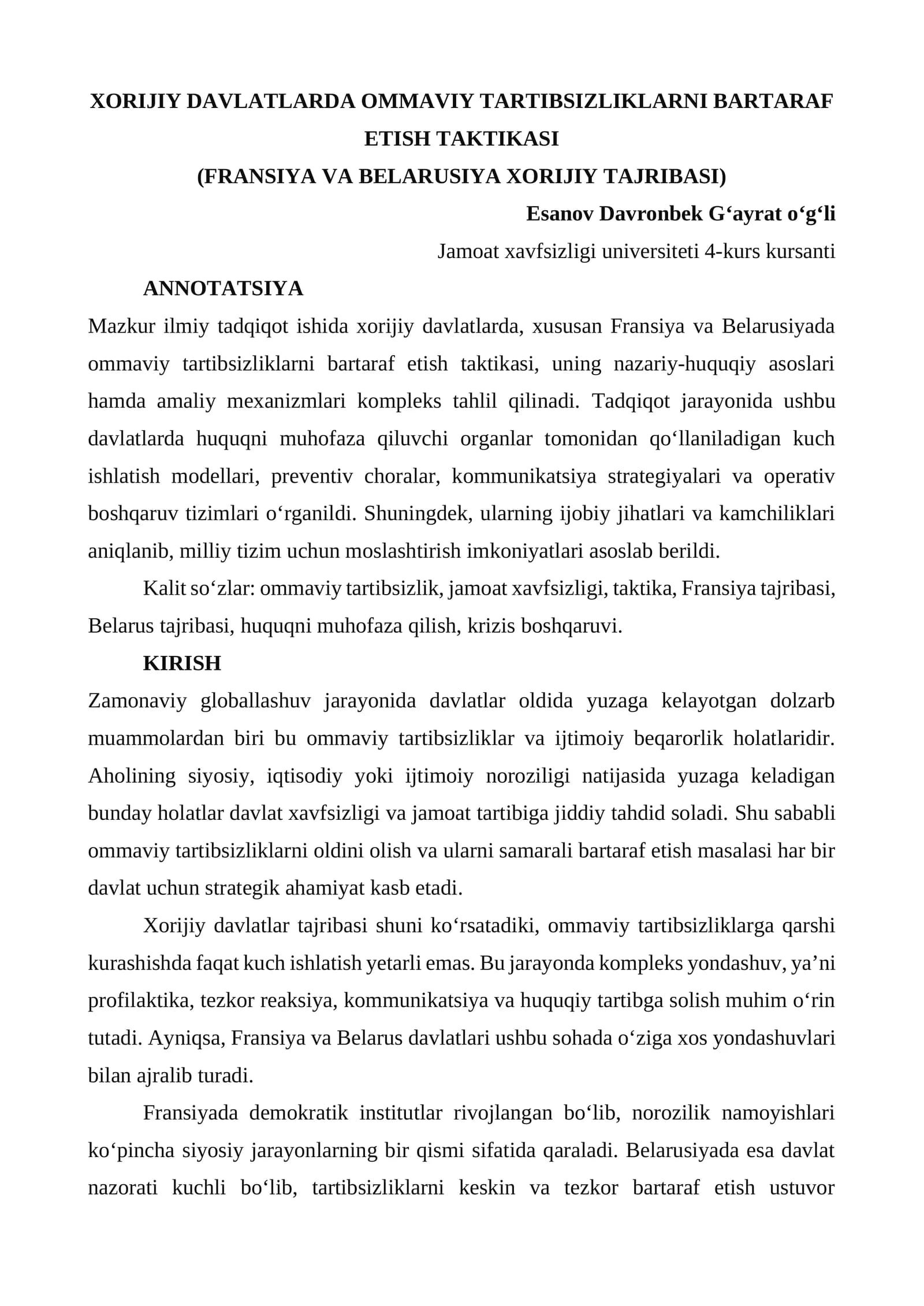 XORIJIY DAVLATLARDA OMMAVIY TARTIBSIZLIKLARNI BARTARAF ETISH TAKTIKASI (FRANSIYA VA BELARUSIYA XORIJIY TAJRIBASI)
