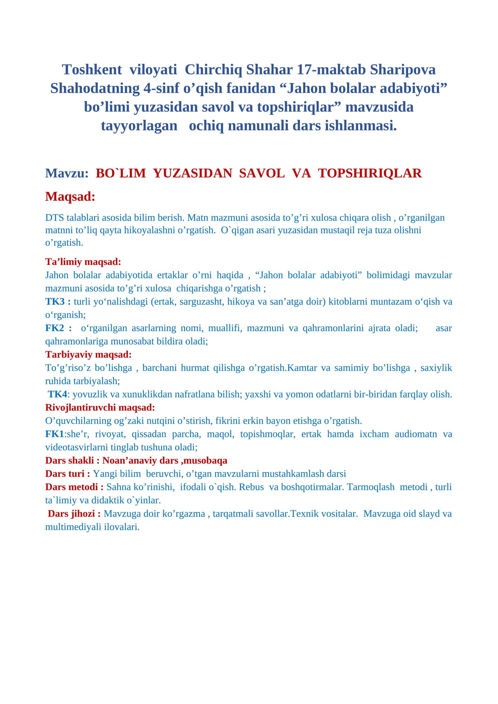 BO`LIM YUZASIDAN SAVOL VA TOPSHIRIQLAR