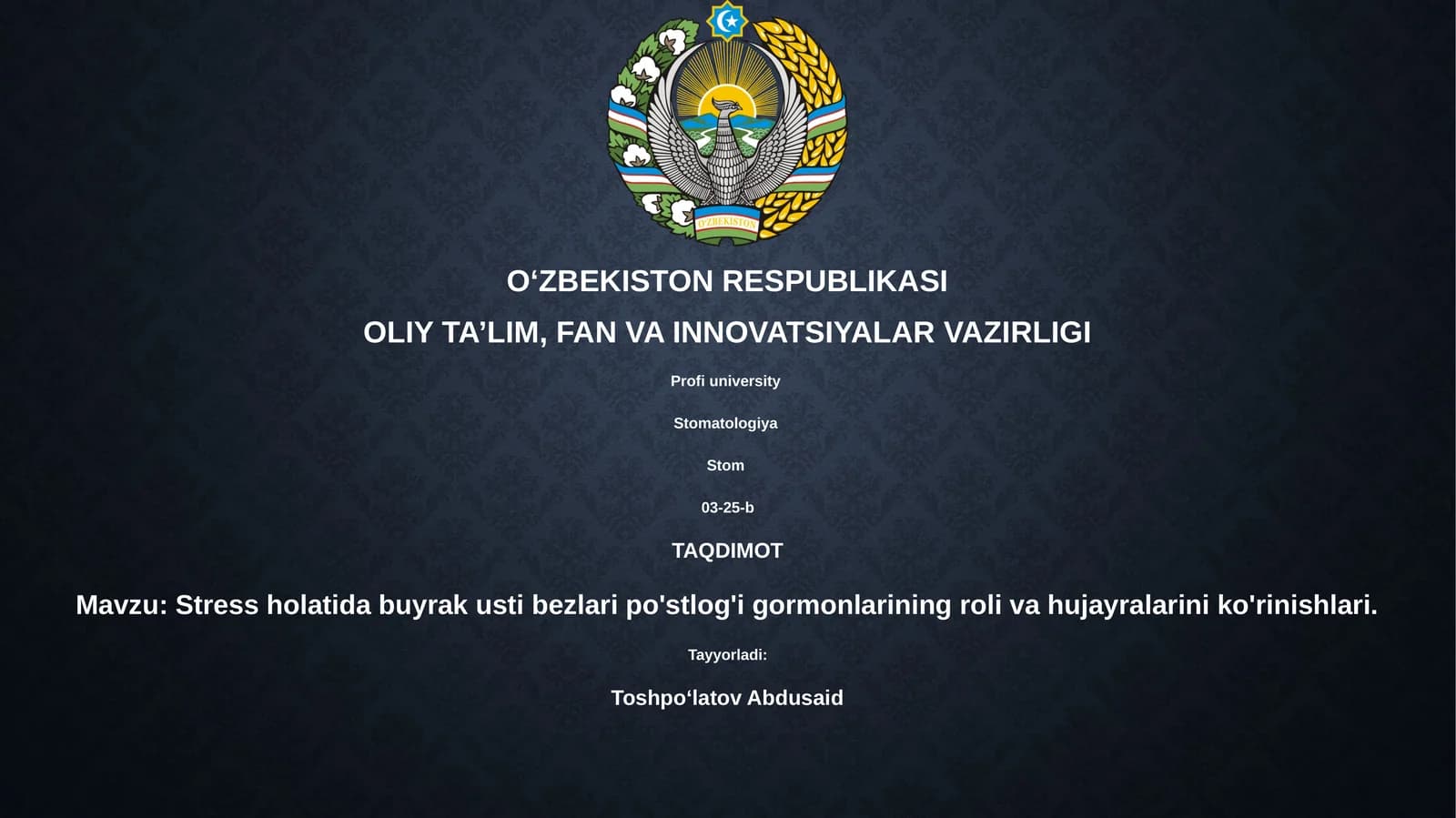 Stress holatida buyrak usti bezlari po'stlog'i gormonlarining roli va hujayralarini ko'rinishlari