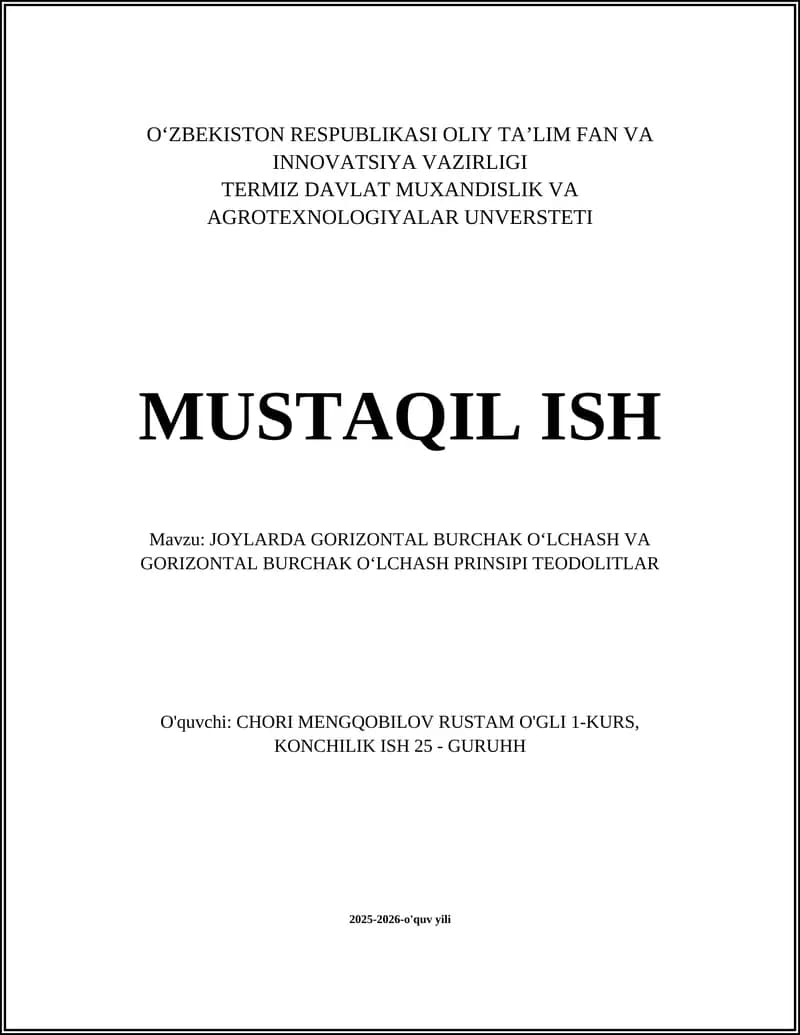 Joyni oʻlchash va gorizontal burchak oʻlchash prinsi