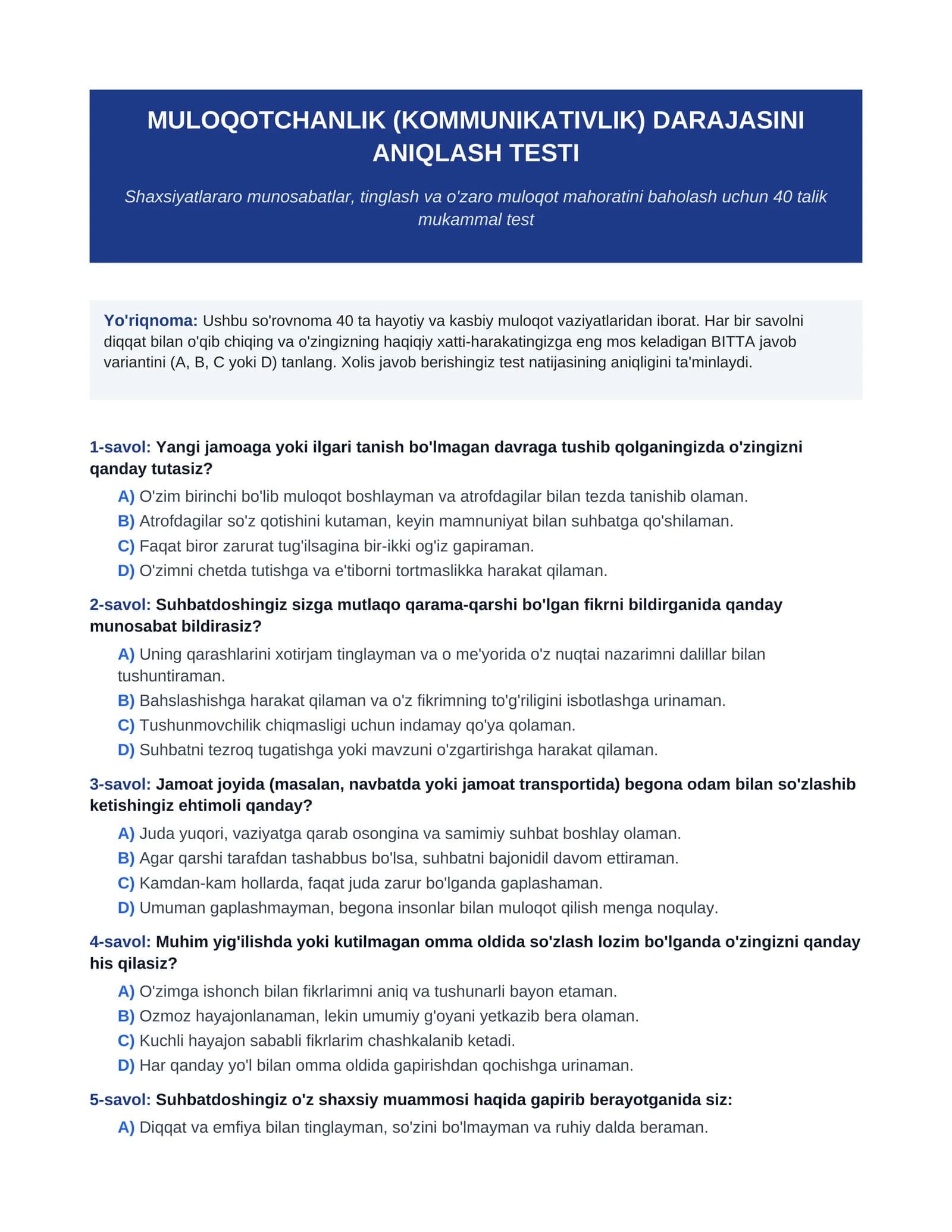 Muloqotchanlikning darajasini aniqlash uchun 4o ta test javoblari bilan