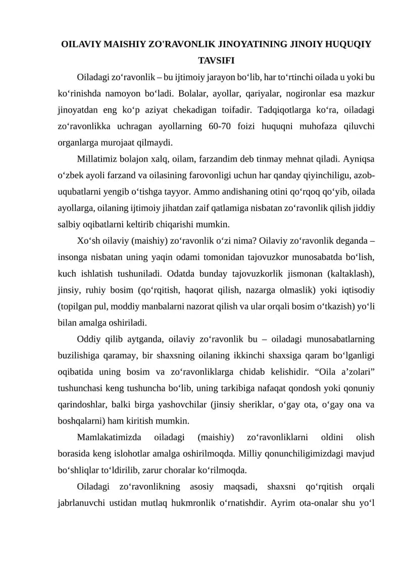 Oilaviy Maishiy Zo'ravonlik Jinoiyatining Jinoiy Huquqiy Tavsifi