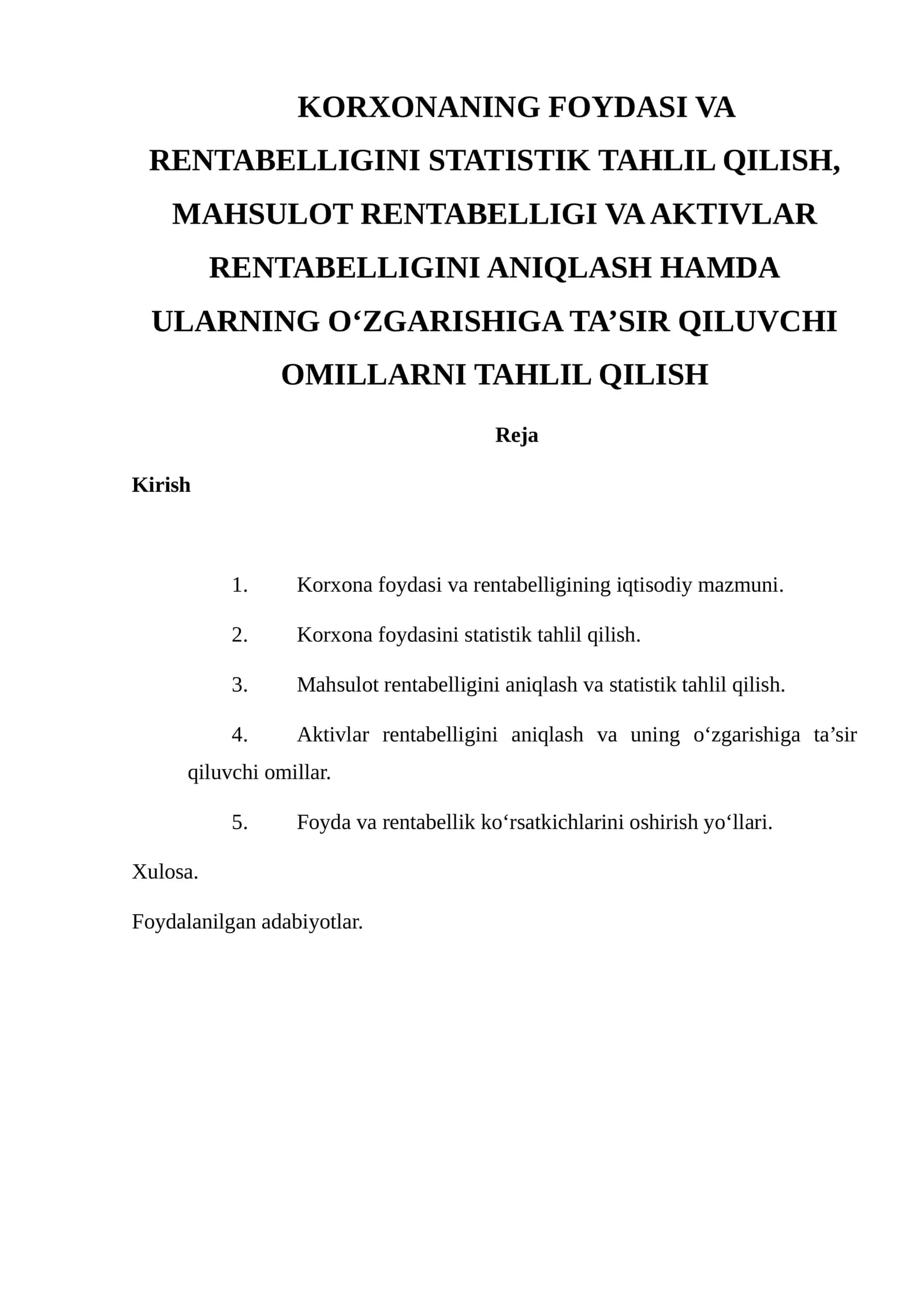 Korxonaning Foydasi va Rentabelligini Statistik Tahlil Qilish